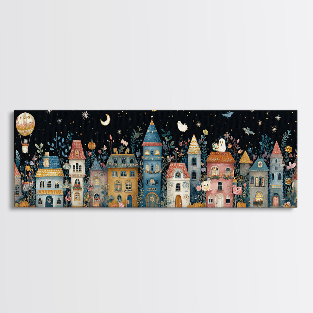 The Ghost Balloon City, Folk Halloween Art, Extra Wide Wall Art, Canvas Print, Cute Halloween Wall Art