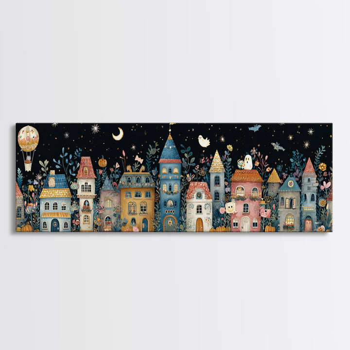 The Ghost Balloon City, Folk Halloween Art, Extra Wide Wall Art, Canvas Print, Cute Halloween Wall Art
