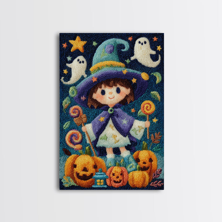 The Star-Cape Magician, Embroidered Halloween Art, Vertical Wall Art, Canvas Print, Cute Halloween Wall Art