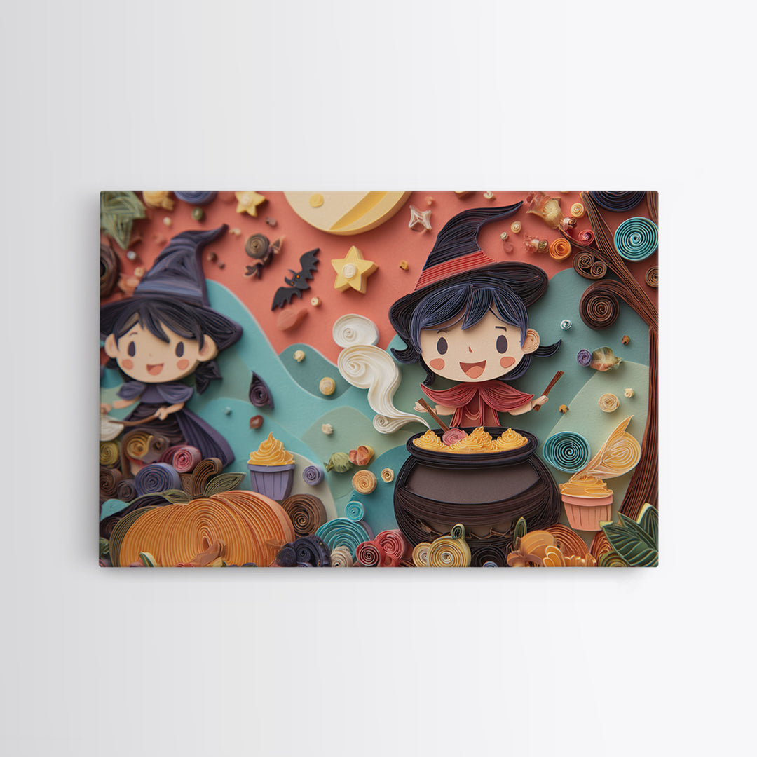 The Cupcake Cauldron Class, Quilled Halloween Art, Landscape Wall Art, Framed Canvas Print, Cute Halloween Wall Art