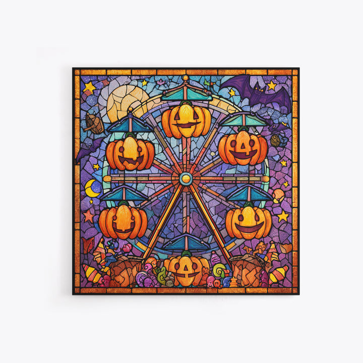 The Pumpkin Ferris Wheel, Stained Glass Halloween, Square Wall Art, Canvas Print, Cute Halloween Wall Art