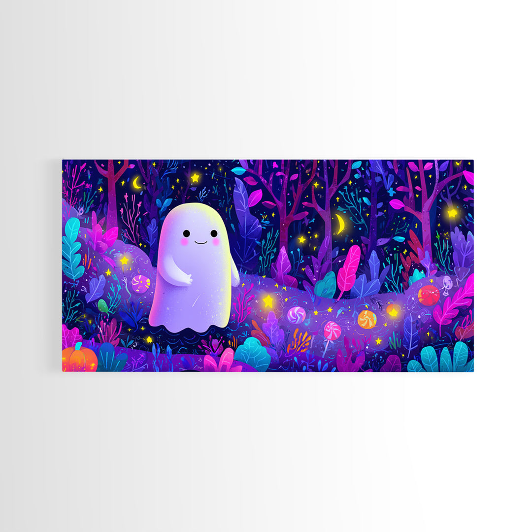 The Ghost And Firefly Friends, Vaporwave Halloween Art, Wide Panoramic Art, Framed Canvas Print, Cute Halloween Wall Art