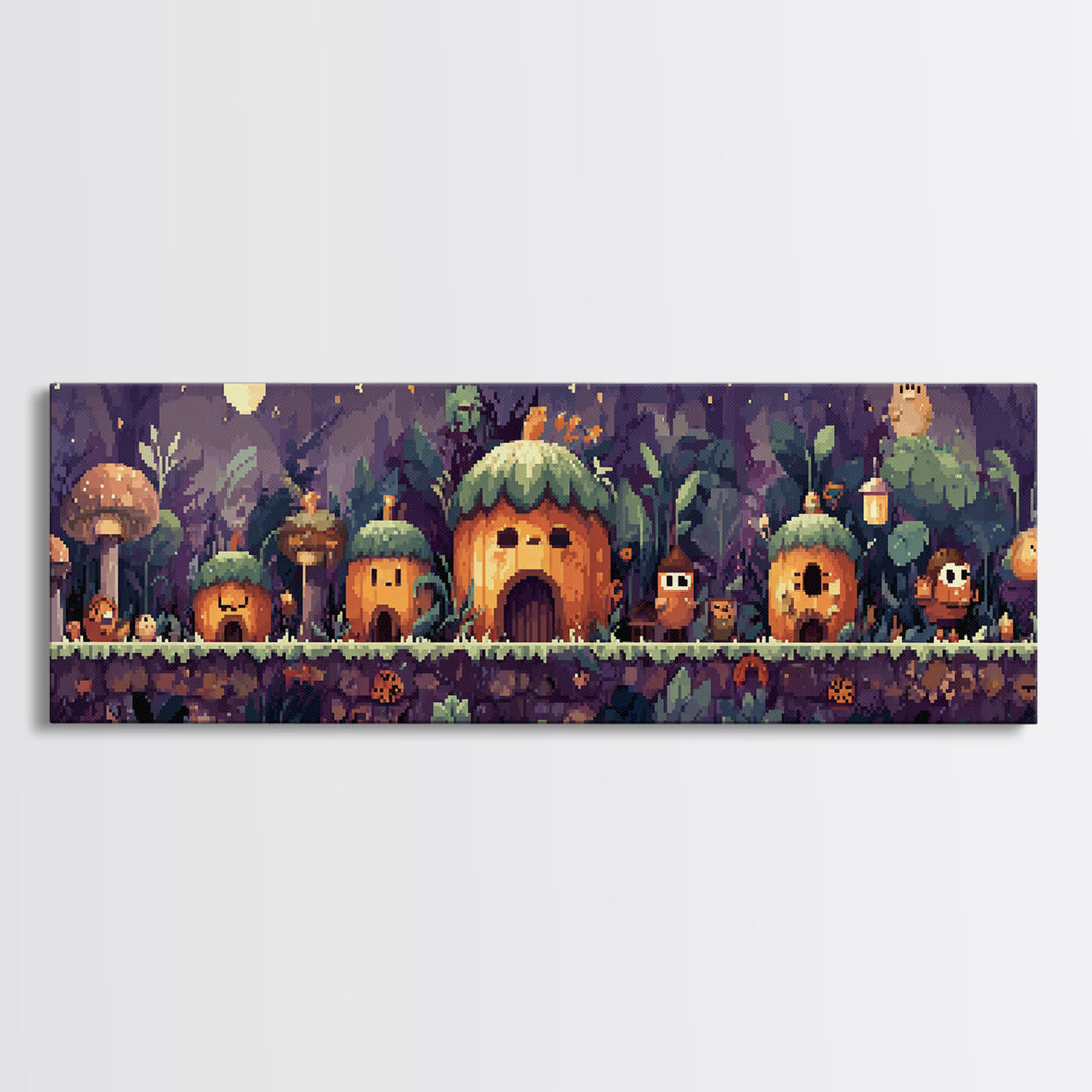 The Moonlit Acorn Village, Pixel Halloween Art, Extra Wide Wall Art, Canvas Print, Cute Halloween Wall Art