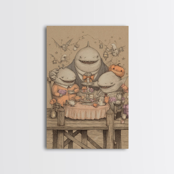 The Tea Party At Innsmouth Pier, Hand Sketch Halloween Art, Vertical Wall Art, Canvas Print, Cute Halloween Wall Art