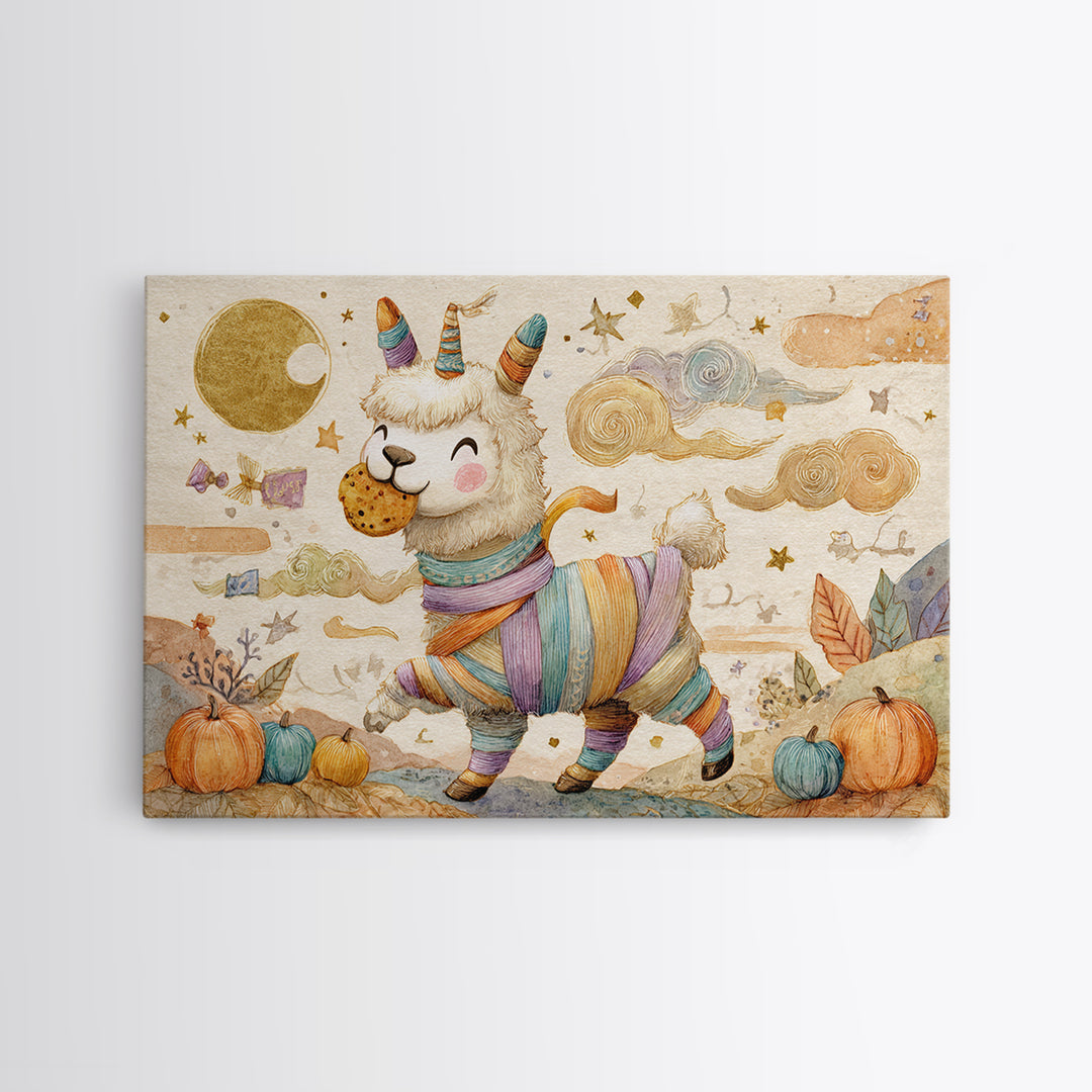 The Llama Mummy, Watercolor Halloween Art, Landscape Wall Art, Framed Canvas Print, Cute Halloween Wall Art