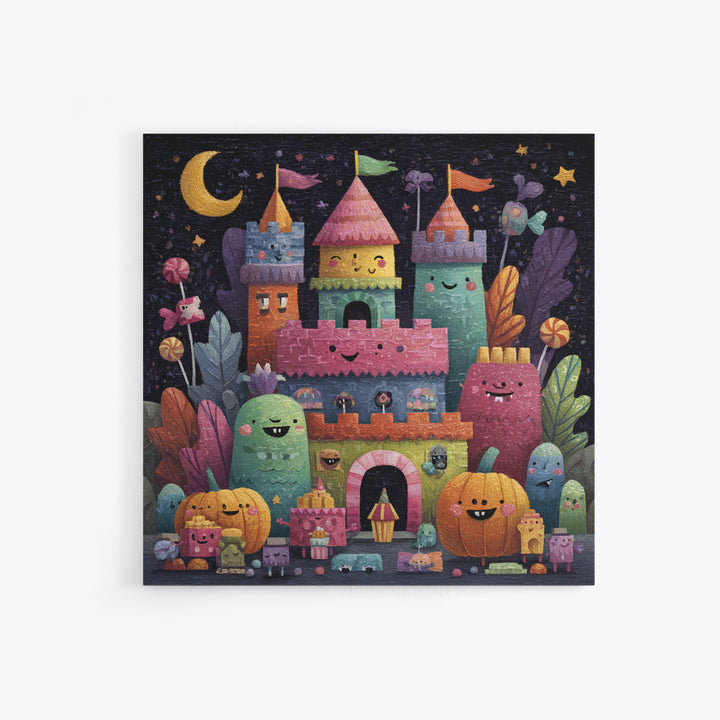 The Candy Castle, Gouache Halloween Art, Square Wall Art, Canvas Print, Cute Halloween Wall Art, Halloween Kids Decor, Storybook Decor