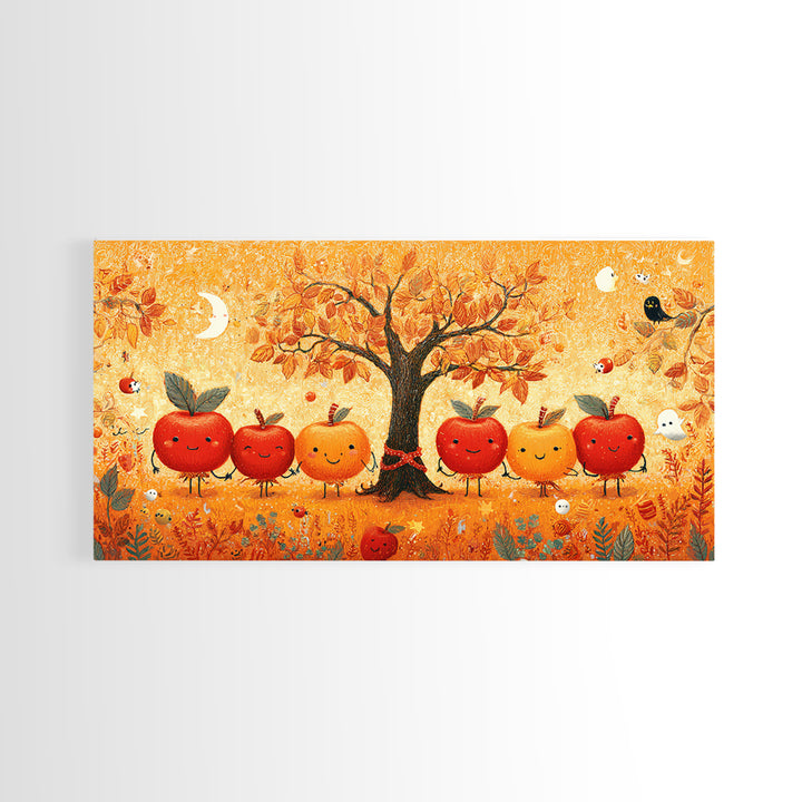 The Caramel Apple Friends, Crayon Halloween Art, Wide Panoramic Art, Framed Canvas Print, Cute Halloween Wall Art