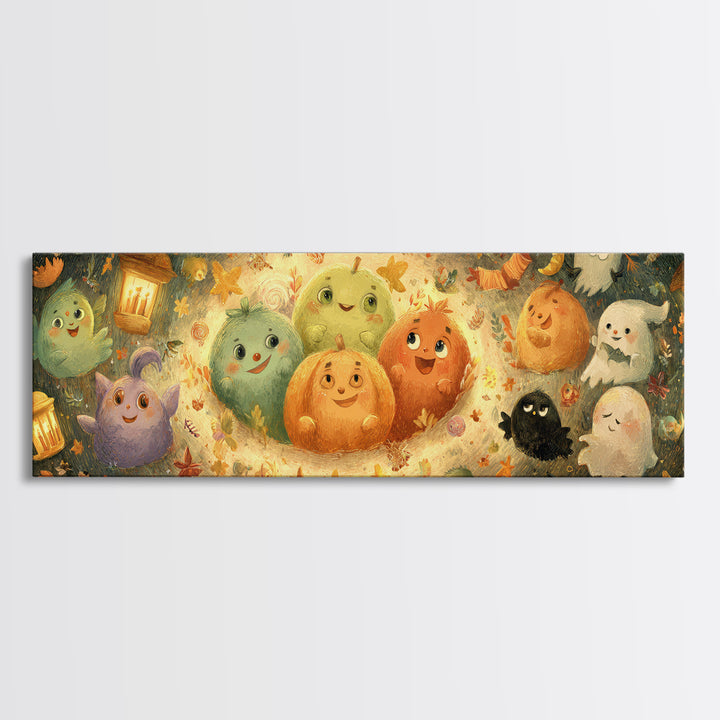 The Halloween Story Circle, Pastel Halloween Art, Extra Wide Wall Art, Canvas Print, Cute Halloween Wall Art