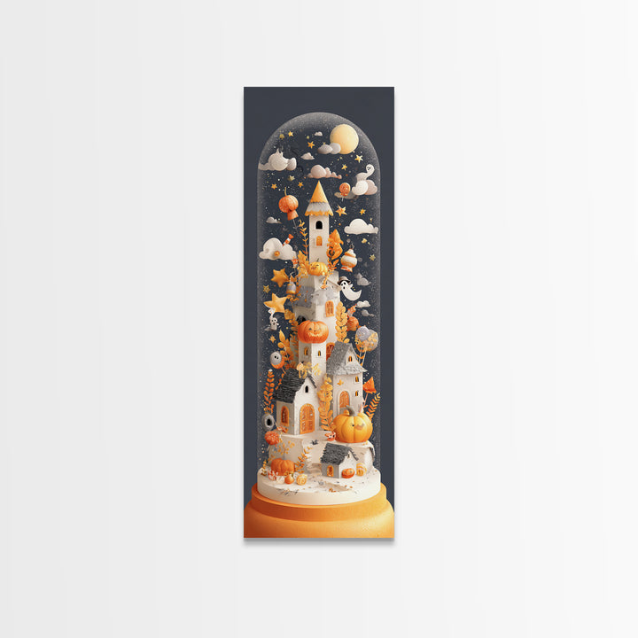 Halloween Inside A Snow Globe, Paper Collage Halloween, Tall Narrow Wall Art, Framed Canvas Print, Cute Halloween Wall Art