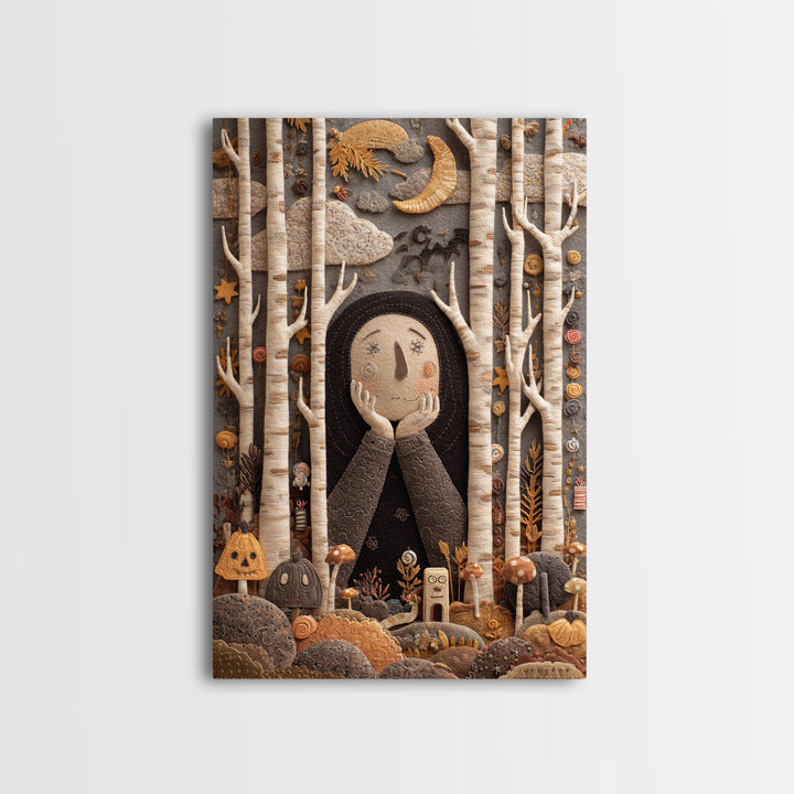 The Sleeper In The Birch Grove, Felt Halloween Art, Vertical Wall Art, Canvas Print, Cute Halloween Wall Art