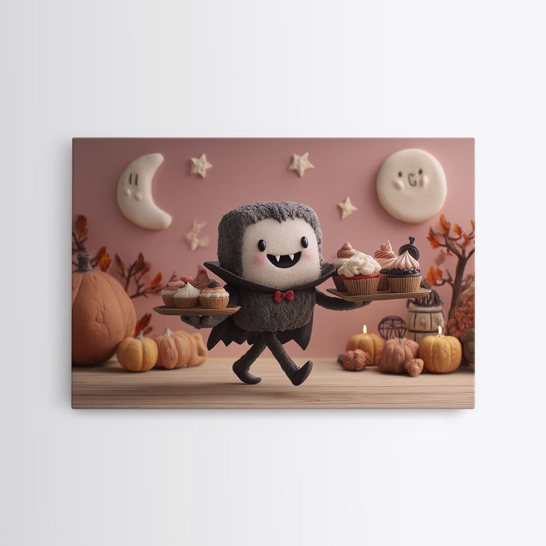 The Cupcake Vampire, Clay Halloween Art, Landscape Wall Art, Framed Canvas Print, Cute Halloween Wall Art