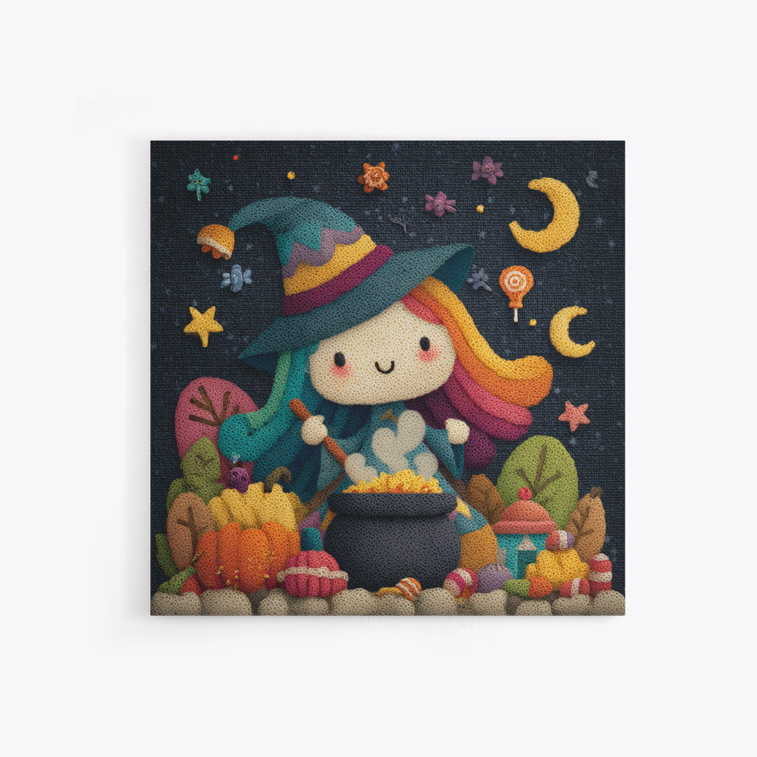 The Rainbow-Cauldron Witch, Plush Halloween Art, Square Wall Art, Canvas Print, Cute Halloween Wall Art