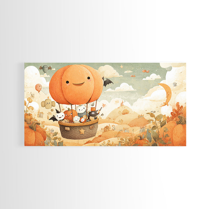 The Pumpkin Hot-Air Balloon, Kawaii Halloween Art, Wide Panoramic Art, Framed Canvas Print, Cute Halloween Wall Art