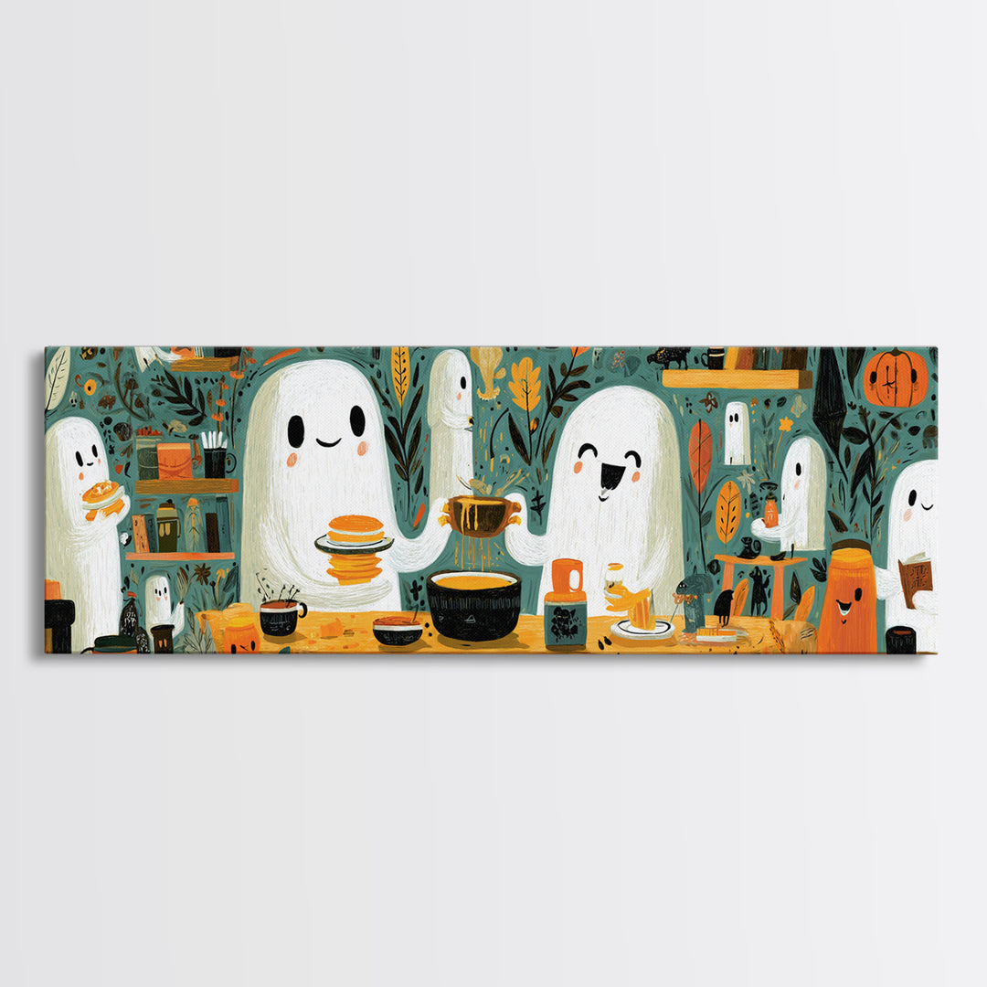 The Ghost Family Breakfast, Retro Halloween Art, Extra Wide Wall Art, Canvas Print, Cute Halloween Wall Art