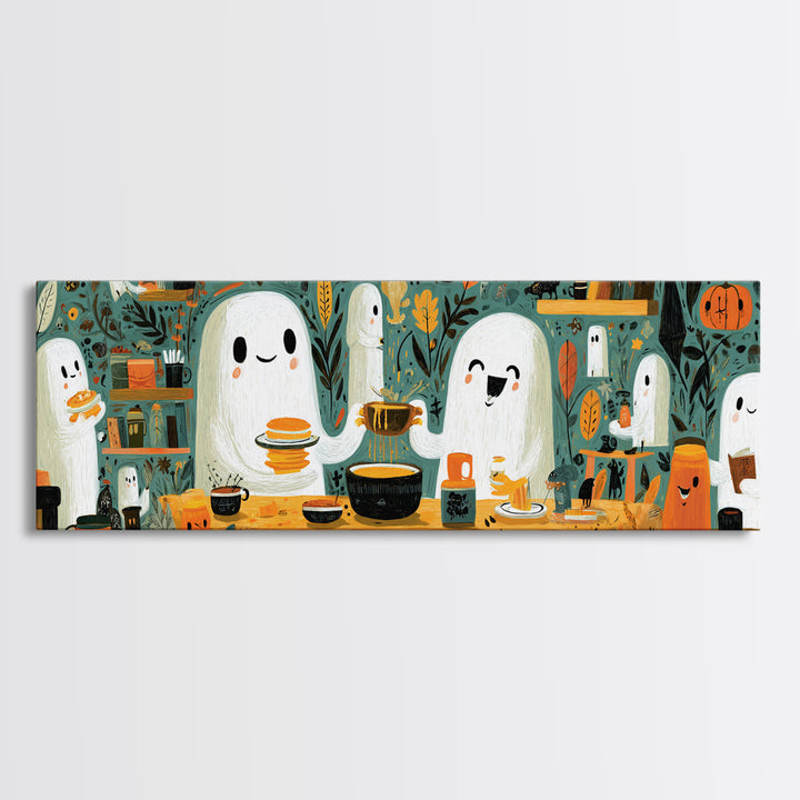 The Ghost Family Breakfast, Retro Halloween Art, Extra Wide Wall Art, Canvas Print, Cute Halloween Wall Art