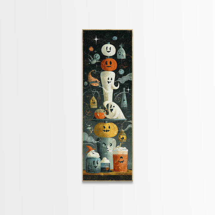 The Midnight Cocoa Party, Screenprint Halloween Art, Tall Narrow Wall Art, Framed Canvas Print, Cute Halloween Wall Art