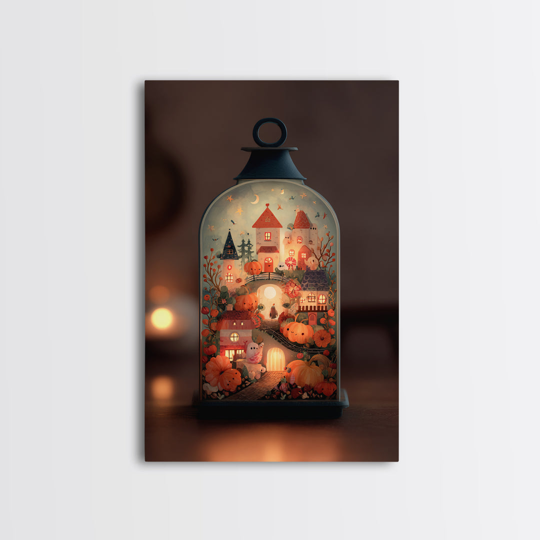 The World Inside A Lantern, Folk Halloween Art, Vertical Wall Art, Canvas Print, Cute Halloween Wall Art