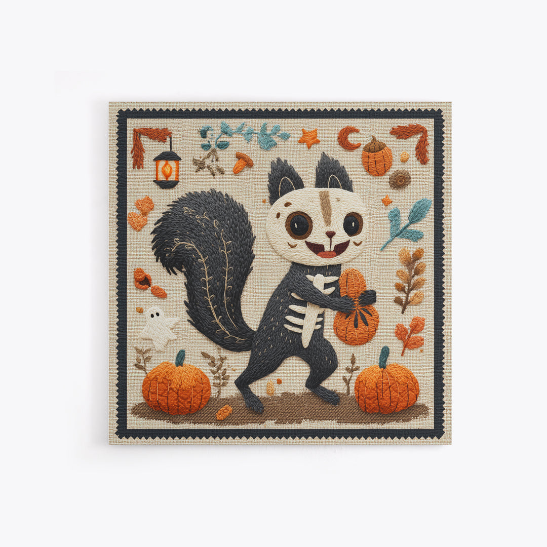 The Squirrel Skeleton, Embroidered Halloween Art, Square Wall Art, Canvas Print, Cute Halloween Wall Art