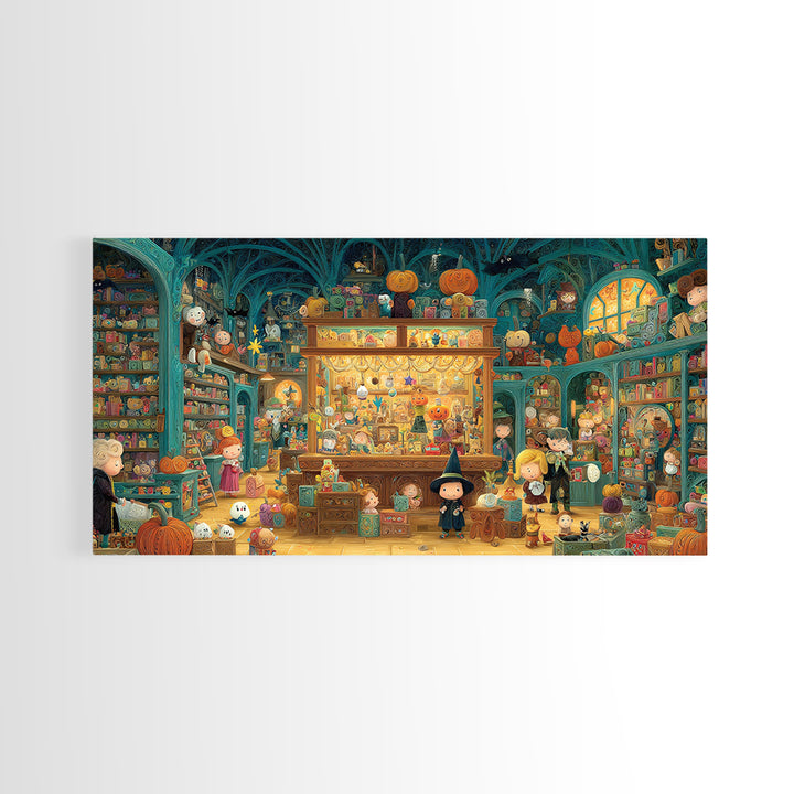The Moonlight Toy Shop, Quilled Halloween Art, Wide Panoramic Art, Framed Canvas Print, Cute Halloween Wall Art