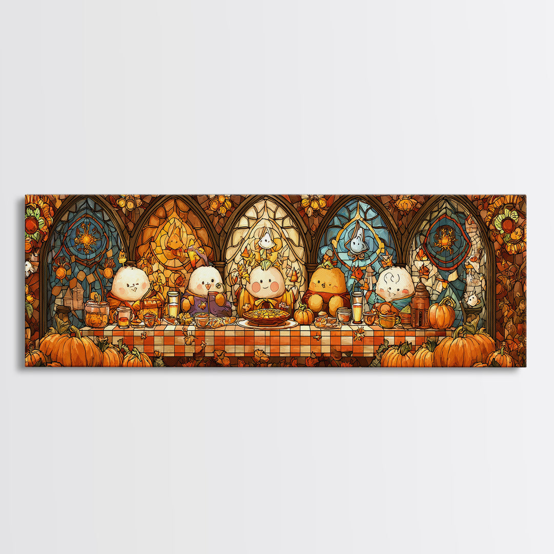 The Candy Corn Picnic, Stained Glass Halloween, Extra Wide Wall Art, Canvas Print, Cute Halloween Wall Art