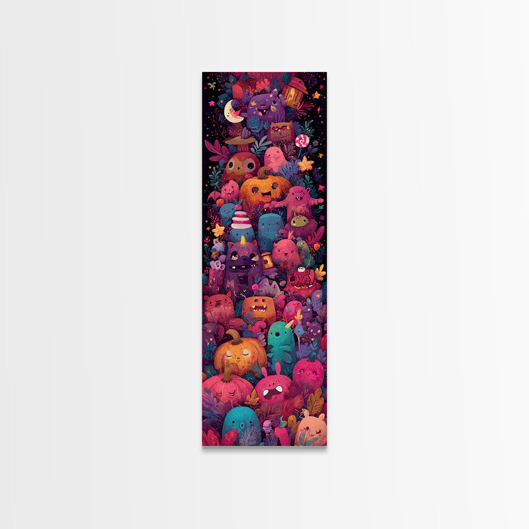 The Monster Hide-And-Seek Game, Vaporwave Halloween Art, Tall Narrow Wall Art, Framed Canvas Print, Cute Halloween Wall Art
