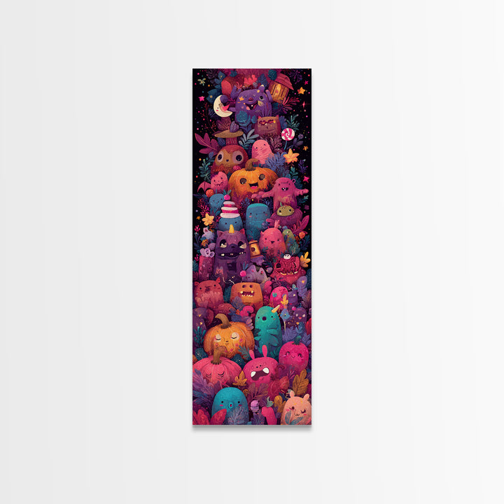 The Monster Hide-And-Seek Game, Vaporwave Halloween Art, Tall Narrow Wall Art, Framed Canvas Print, Cute Halloween Wall Art