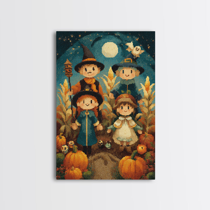 The Starry Cornfield Maze, Pixel Halloween Art, Vertical Wall Art, Canvas Print, Cute Halloween Wall Art