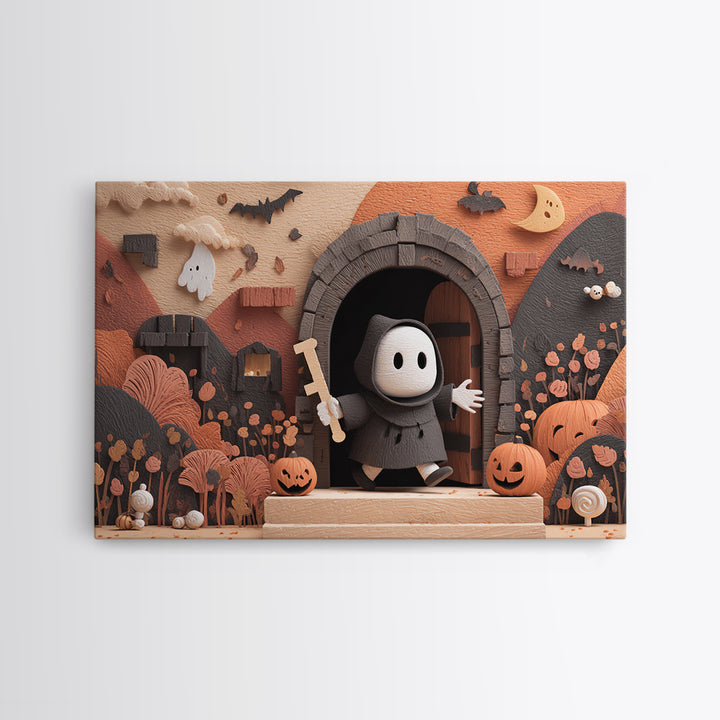 The Keeper Of The Black Reef Key, Vector Halloween Art, Landscape Wall Art, Framed Canvas Print, Cute Halloween Wall Art