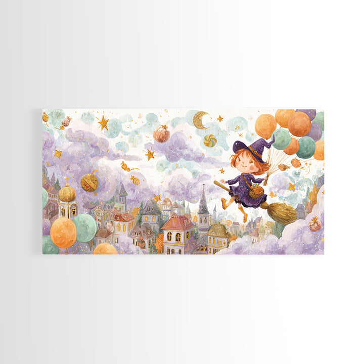 The Witch With A Balloon Broom, Watercolor Halloween Art, Wide Panoramic Art, Framed Canvas Print, Cute Halloween Wall Art