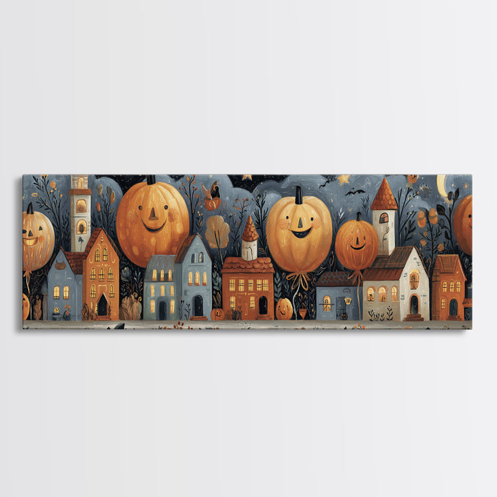 The Pumpkin Balloon Parade, Gouache Halloween Art, Extra Wide Wall Art, Canvas Print, Cute Halloween Wall Art