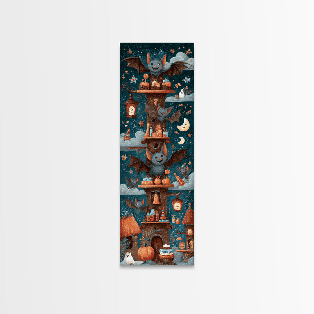 The Brownie Bat Bakery, Crayon Halloween Art, Tall Narrow Wall Art, Framed Canvas Print, Cute Halloween Wall Art