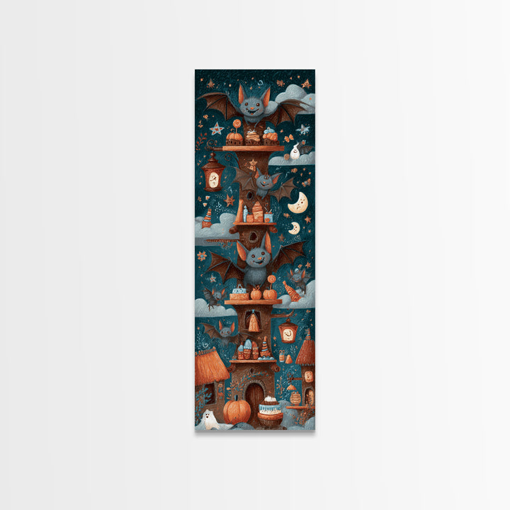 The Brownie Bat Bakery, Crayon Halloween Art, Tall Narrow Wall Art, Framed Canvas Print, Cute Halloween Wall Art