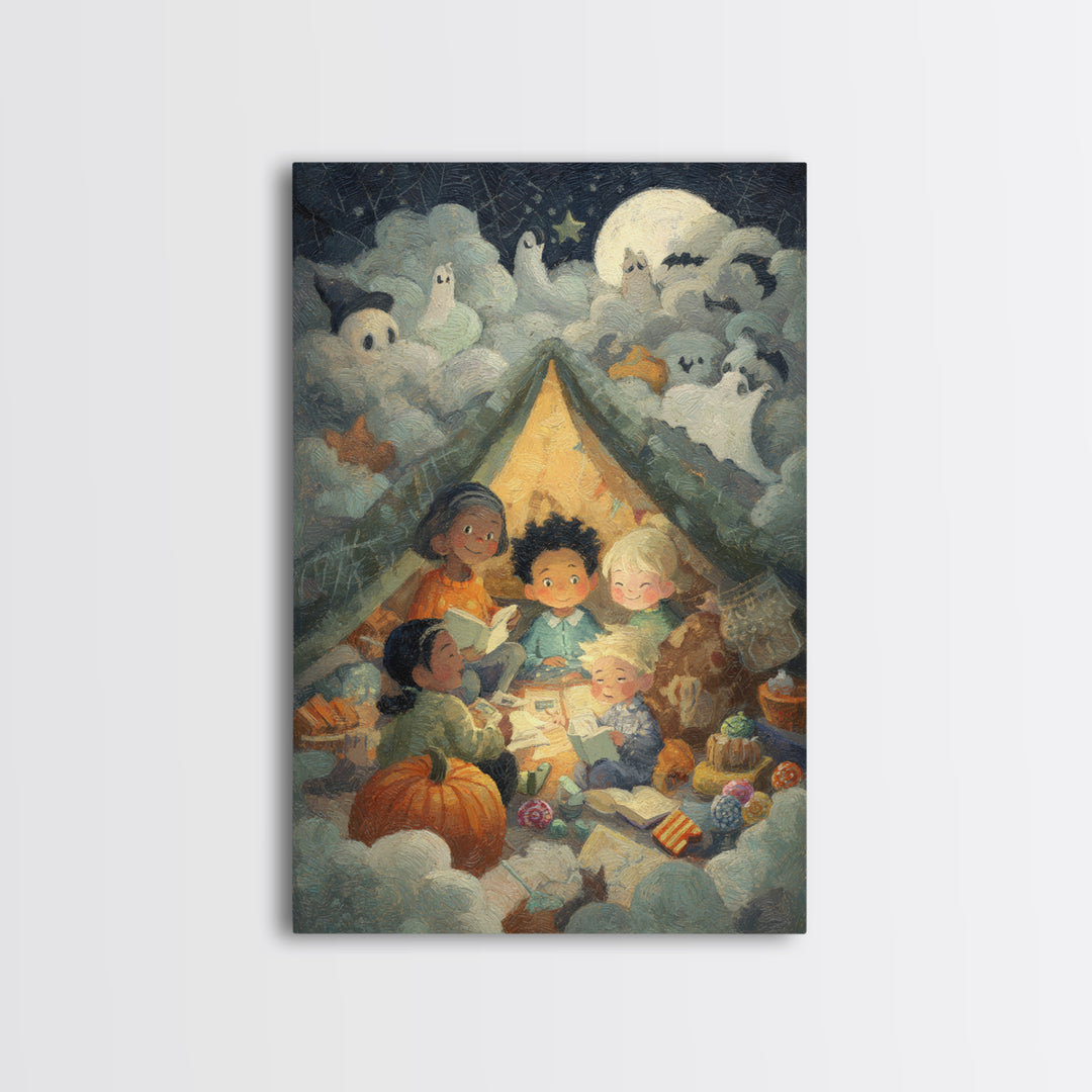 The Halloween Sleepover, Pastel Halloween Art, Vertical Wall Art, Canvas Print, Cute Halloween Wall Art