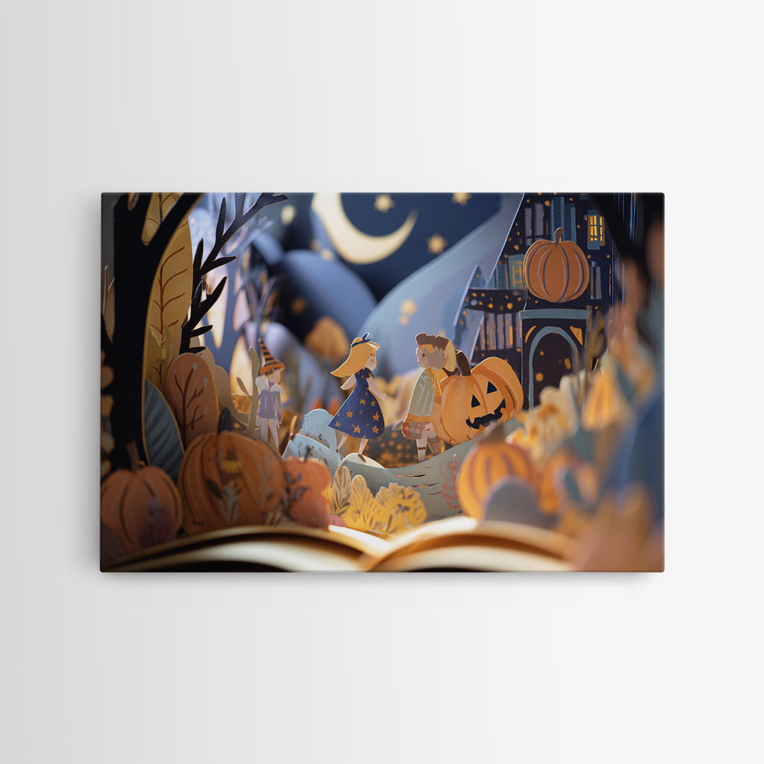 The Enchanted Halloween Library, Paper Collage Halloween, Landscape Wall Art, Framed Canvas Print, Cute Halloween Wall Art