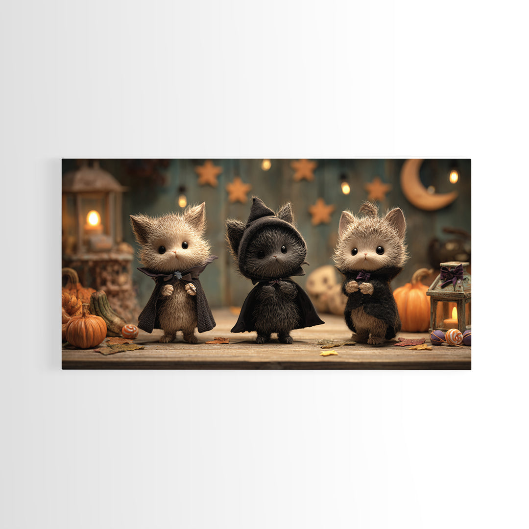 The Kitten Vampire, Clay Halloween Art, Wide Panoramic Art, Framed Canvas Print, Cute Halloween Wall Art
