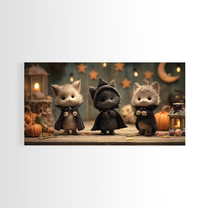 The Kitten Vampire, Clay Halloween Art, Wide Panoramic Art, Framed Canvas Print, Cute Halloween Wall Art