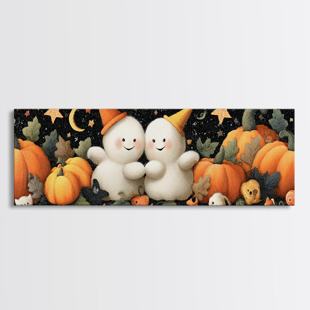 The Halloween Friendship Spell, Plush Halloween Art, Extra Wide Wall Art, Canvas Print, Cute Halloween Wall Art