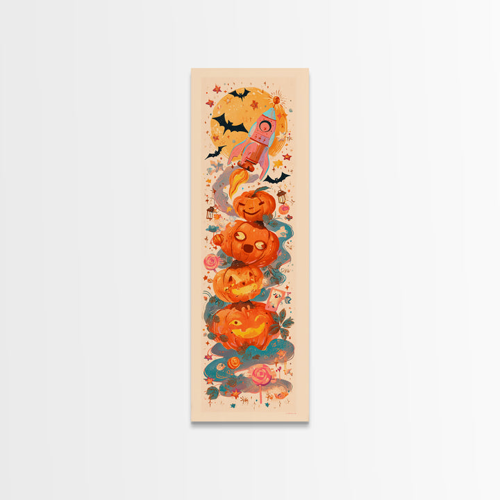 The Pumpkin Rocket Ship, Kawaii Halloween Art, Tall Narrow Wall Art, Framed Canvas Print, Cute Halloween Wall Art, Storybook Decor