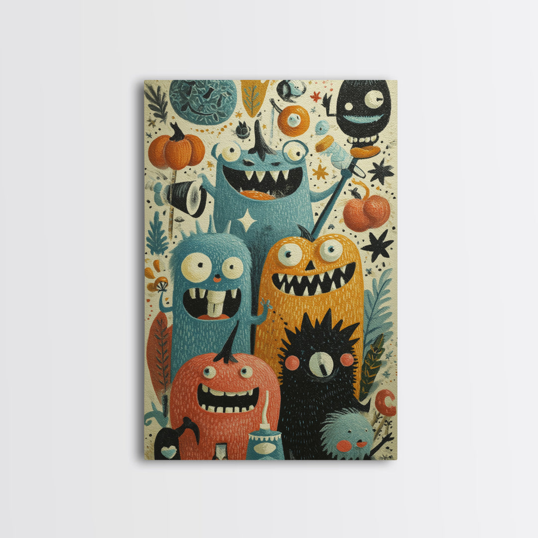 The Monster Toothbrush Club, Retro Halloween Art, Vertical Wall Art, Canvas Print, Cute Halloween Wall Art