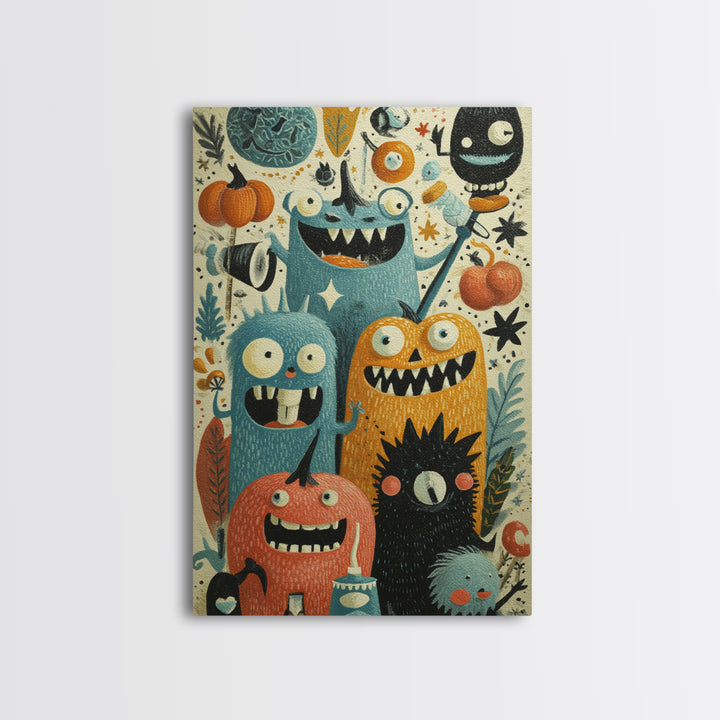 The Monster Toothbrush Club, Retro Halloween Art, Vertical Wall Art, Canvas Print, Cute Halloween Wall Art