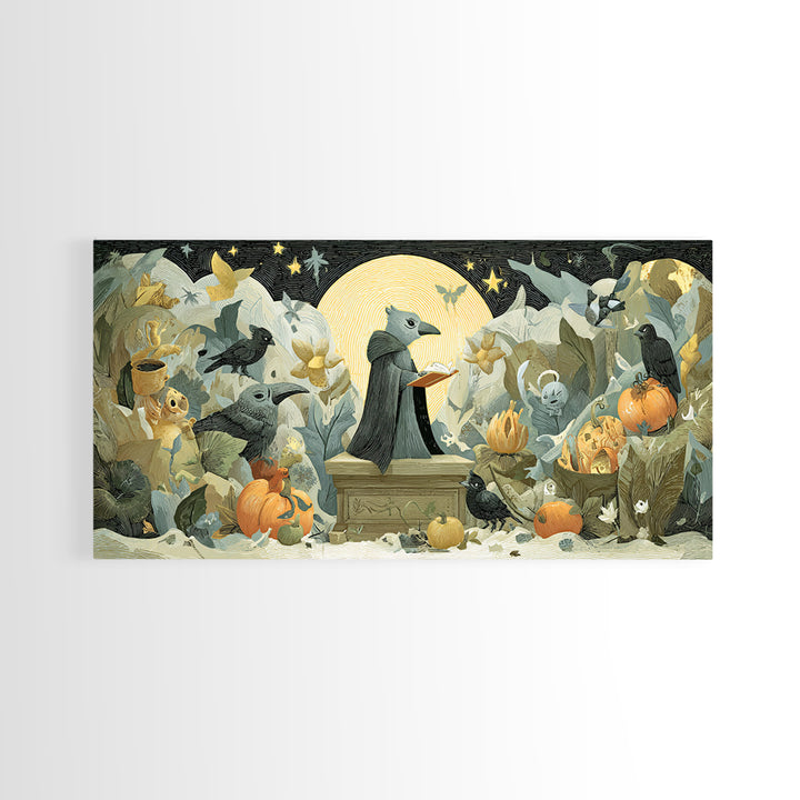 The Raven Sermon Of Leng, Linocut Halloween Art, Wide Panoramic Art, Framed Canvas Print, Cute Halloween Wall Art