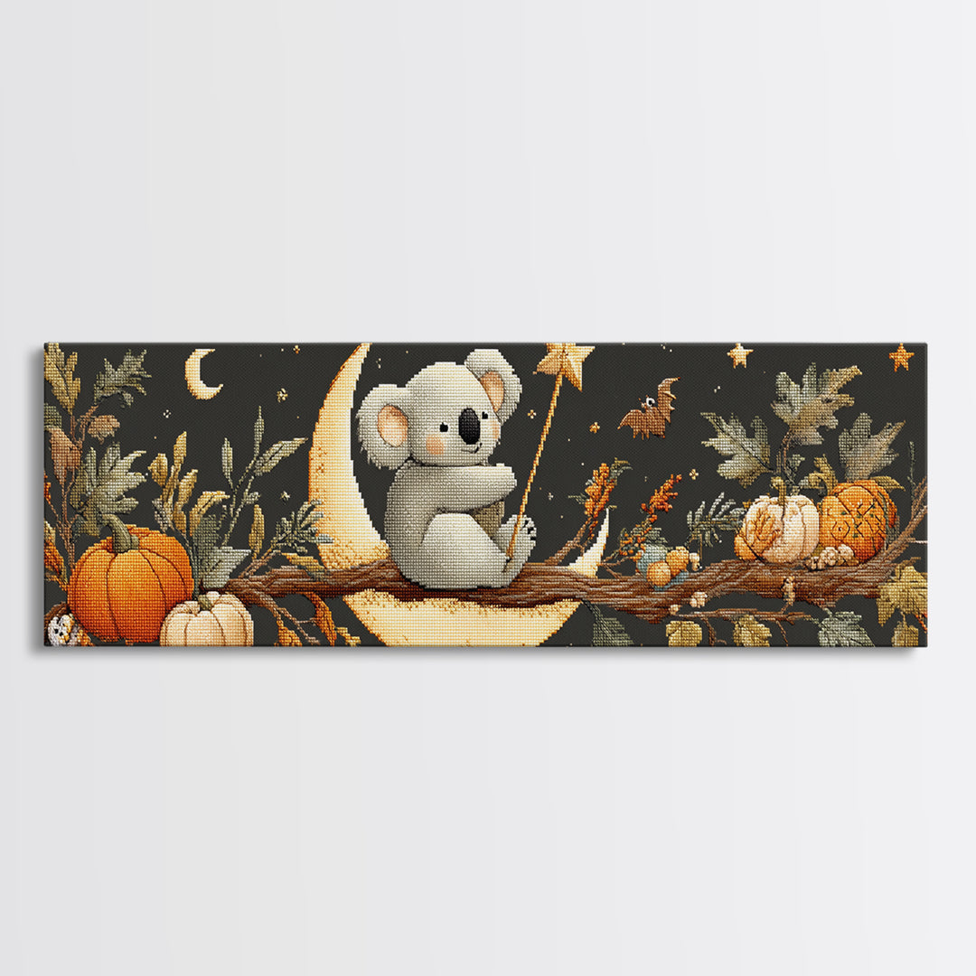 The Koala Wizard, Embroidered Halloween Art, Extra Wide Wall Art, Canvas Print, Cute Halloween Wall Art