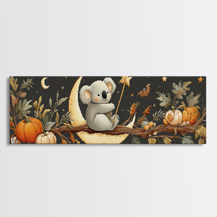 The Koala Wizard, Embroidered Halloween Art, Extra Wide Wall Art, Canvas Print, Cute Halloween Wall Art
