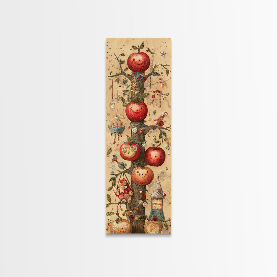The Enchanted Apple Orchard, Quilled Halloween Art, Tall Narrow Wall Art, Framed Canvas Print, Cute Halloween Wall Art