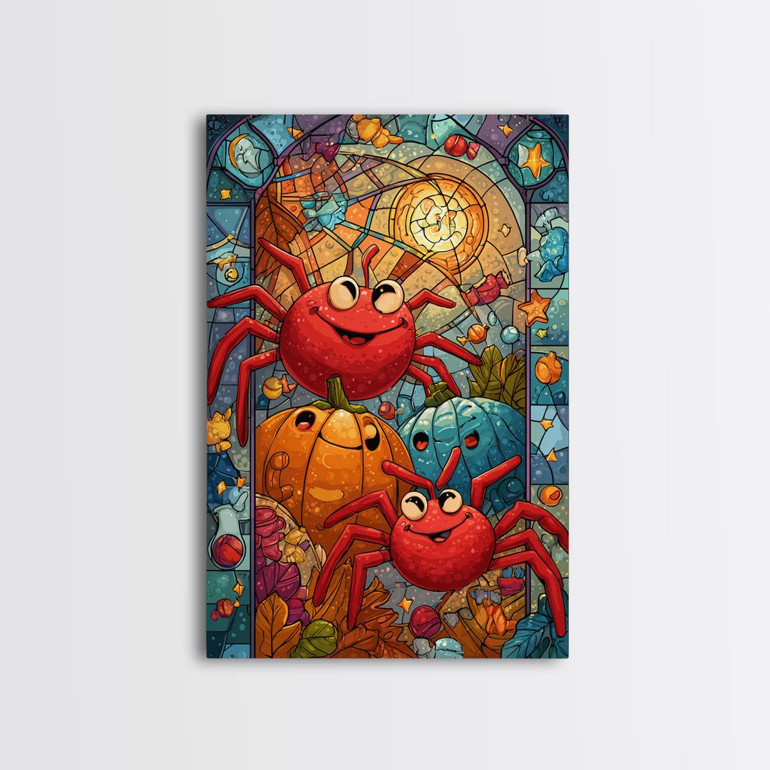 The Licorice Spider Family, Stained Glass Halloween, Vertical Wall Art, Canvas Print, Cute Halloween Wall Art