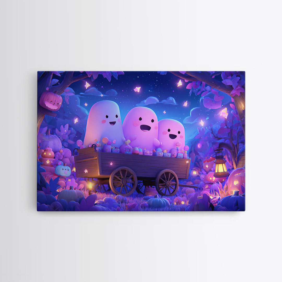 The Friendly Haunted Hayride, Vaporwave Halloween Art, Landscape Wall Art, Framed Canvas Print, Cute Halloween Wall Art