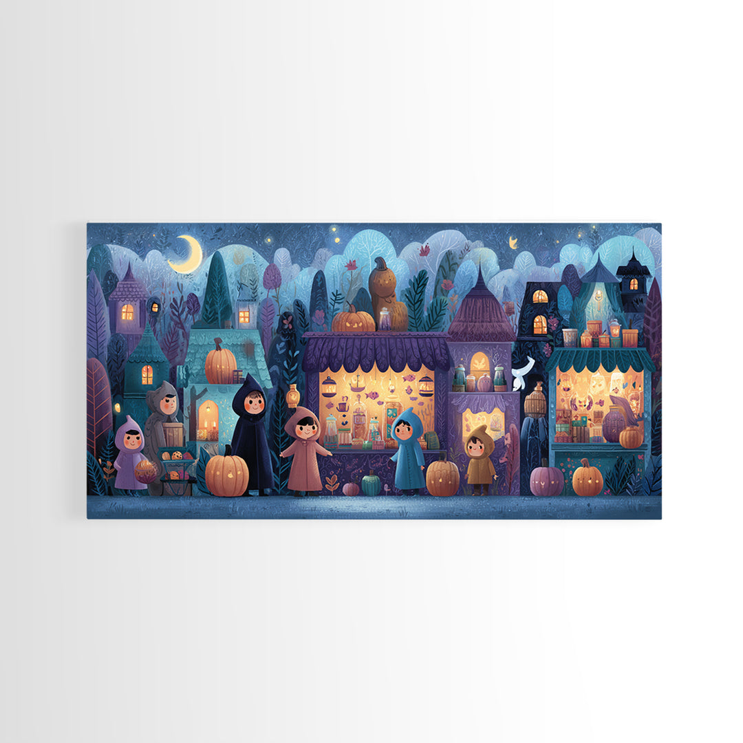 The Lantern Market Beyond The Veil, Vector Halloween Art, Wide Panoramic Art, Framed Canvas Print, Cute Halloween Wall Art