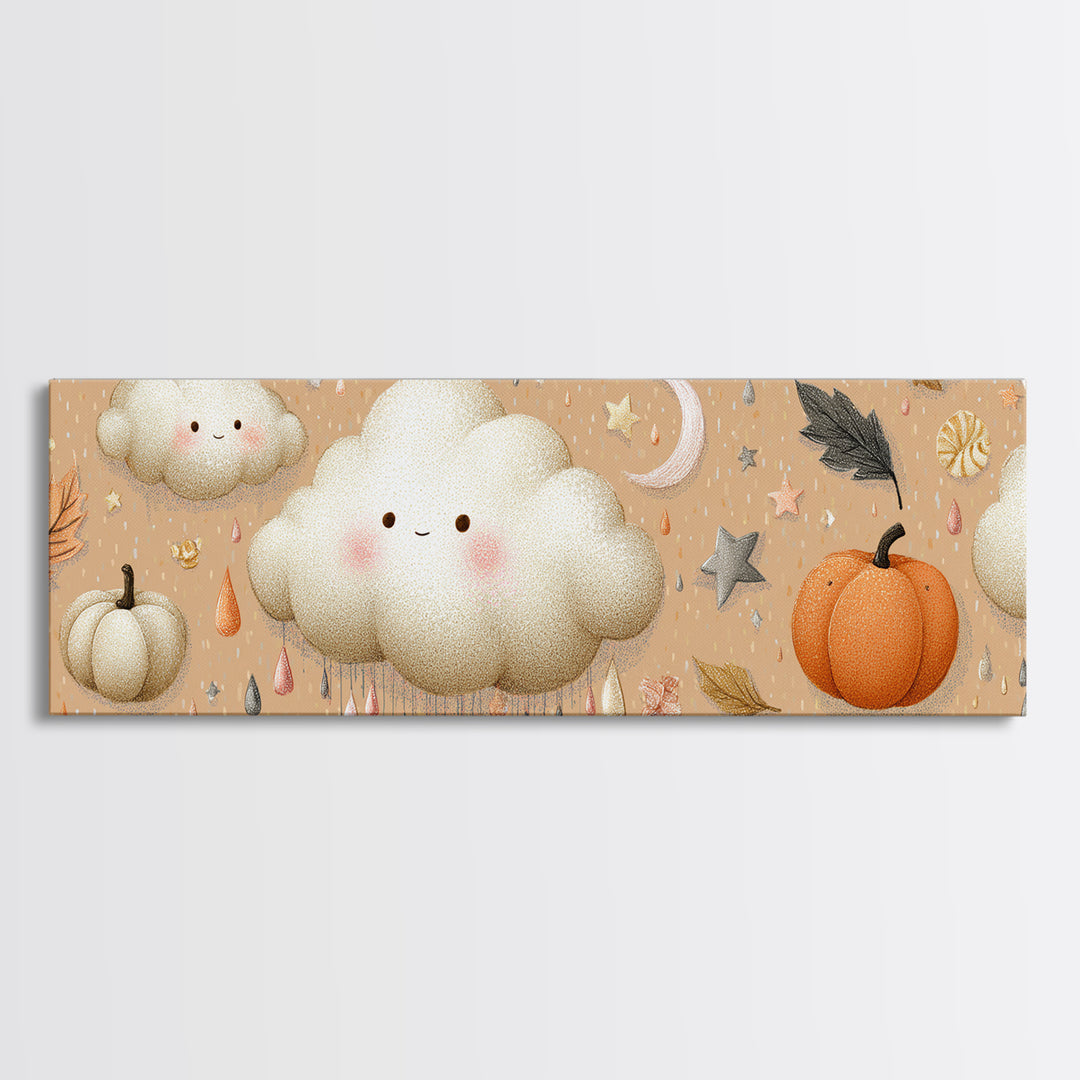 The Cloud Ghost, Hand Sketch Halloween Art, Extra Wide Wall Art, Canvas Print, Cute Halloween Wall Art