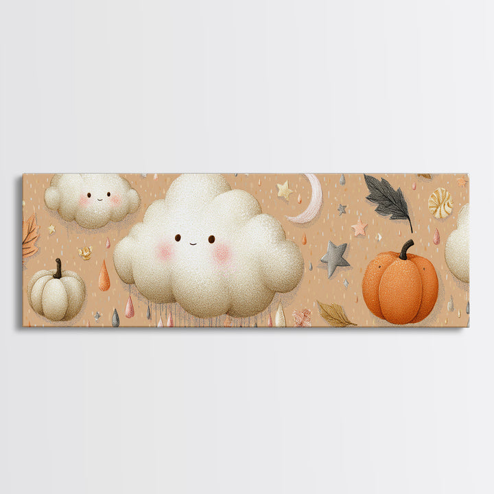 The Cloud Ghost, Hand Sketch Halloween Art, Extra Wide Wall Art, Canvas Print, Cute Halloween Wall Art