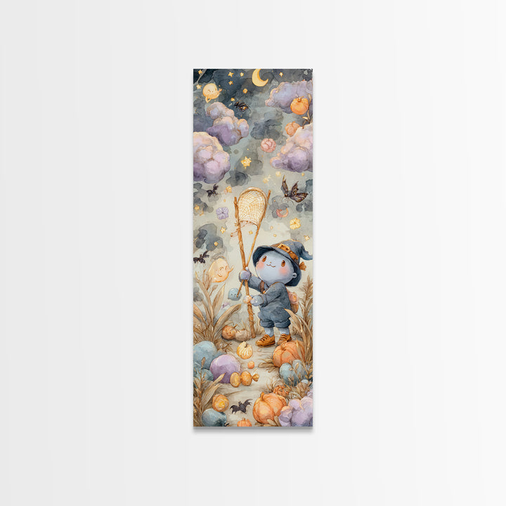The Cloud-Catching Wizard, Watercolor Halloween Art, Tall Narrow Wall Art, Framed Canvas Print, Cute Halloween Wall Art